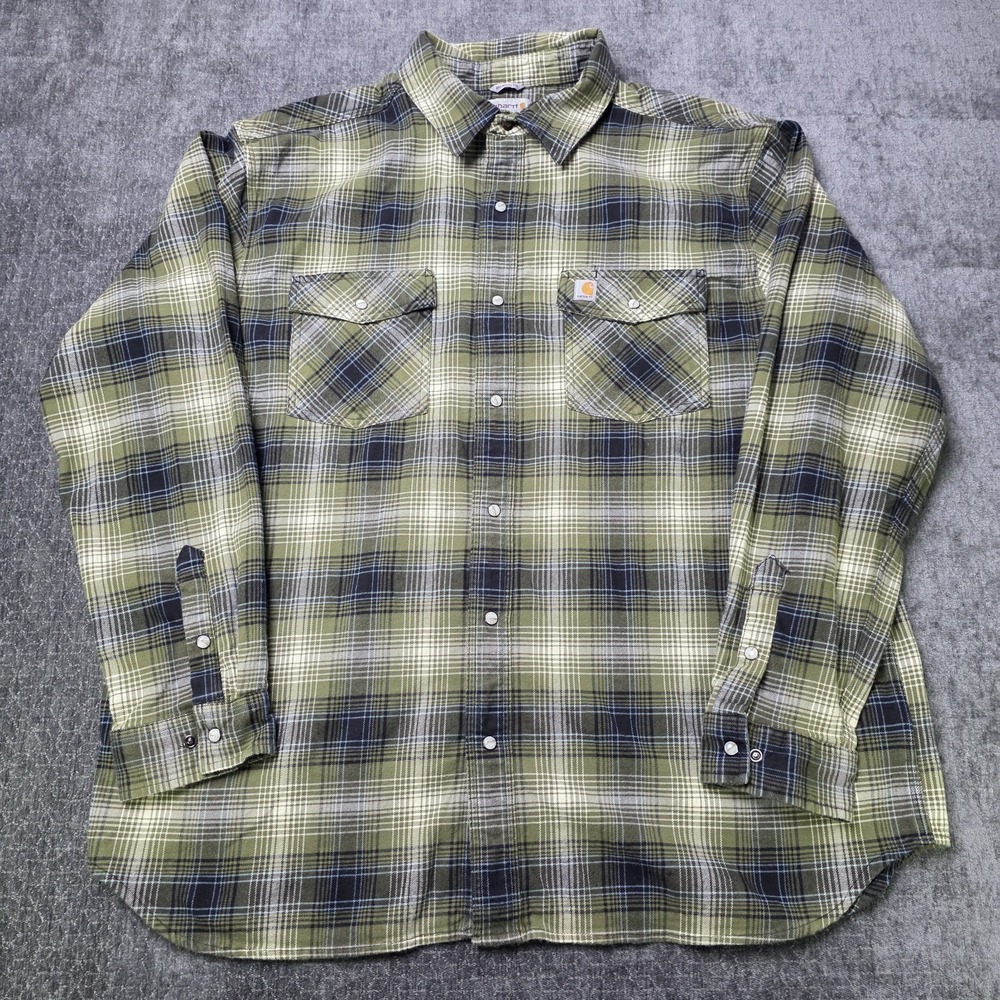 Carhartt Pearl Snap Plaid Flannel Shirt Mens XXL 2XL Green Rugged Cowboy Rodeo